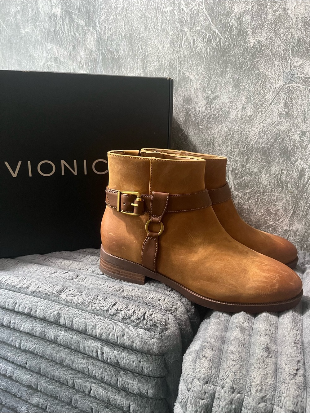 Vionic Brown Leather Ankle Booties with Buckle Detail
